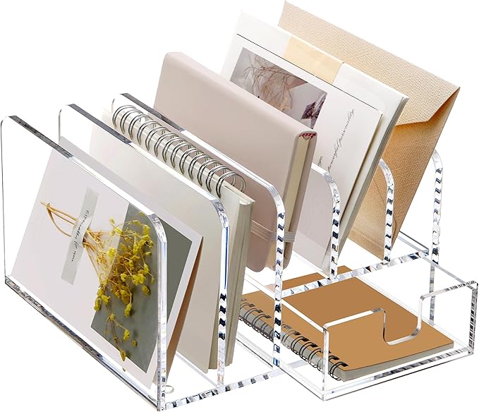 SANRUI Acrylic Mail Sorter Desktop Organizer Holder with Drawer, 5 Compartments Clear Small File Script Letter Document Storage for Desk Bill Filling Envelope Holder Office, Home, School Organization