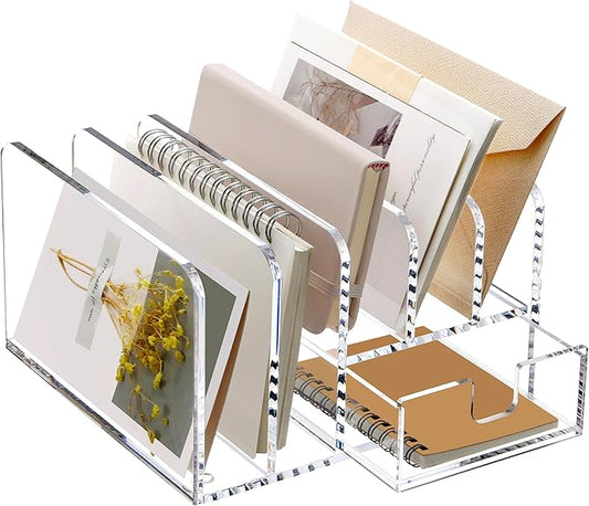 SANRUI Acrylic Mail Sorter Desktop Organizer Holder with Drawer, 5 Compartments Clear Small File Script Letter Document Storage for Desk Bill Filling Envelope Holder Office, Home, School Organization