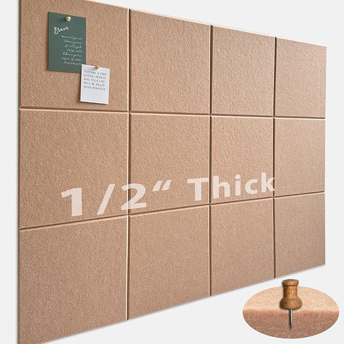Large Cork Board for Office Wall Decor,48"x36"-12 Pack Felt Wall Tiles with Safe Removable Adhesive Tabs, 1/2" Thick, Felt Bulletin Board Pin Board Cork Boards for Walls - Salmon Pink