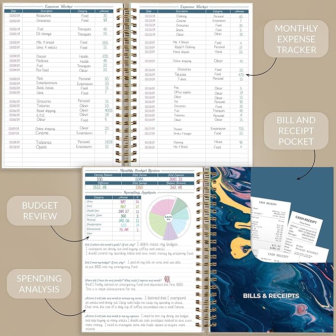 GoGirl Budget Planner & Monthly Bill Organizer – Monthly Financial Book with Pockets. Expense Tracker Notebook Journal, Large (Seashell)