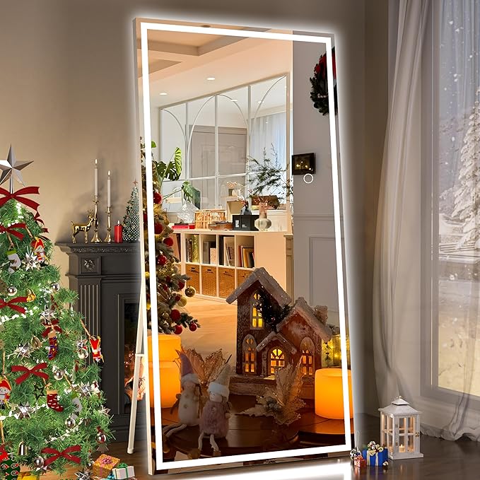 Hasipu Full Length Mirror with Lights, 79" x 32" LED Lighted Floor Standing Mirror, Full Body Dressing Hanging Mounted Mirrors, Dimmable, Tempered Glass, Safe to Use, Square White