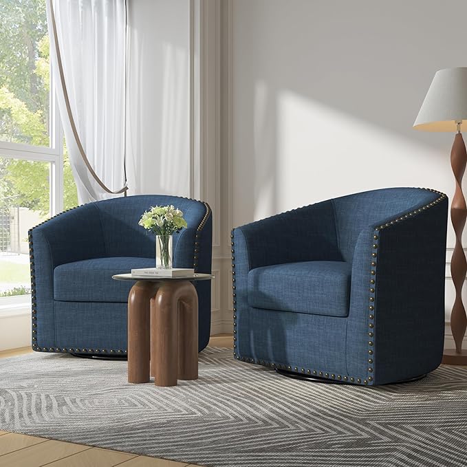 UIXE 360° Swivel Barrel Accent Chair Set of 2, Modern Upholstered Arm Chair Round Club Armchair, Nailhead Trim Single Sofa Seating in Fabric for Living Room - Blue