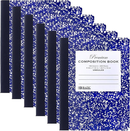 BAZIC Composition Book Blue Marble Unruled Ruled 100 Sheet Notebook, Blank Page Journal Comp Notebooks for School, 6-Pack