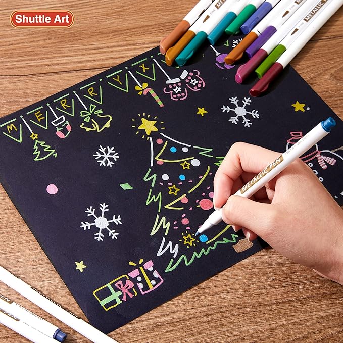 Shuttle Art Metallic Marker Pens, 24 Colors Metallic Paint Markers Fine Point for DIY Card, Calligraphy, Art and Crafting Projects, Works Great on Black Paper, Scrapbooks, Fabric, Rock.