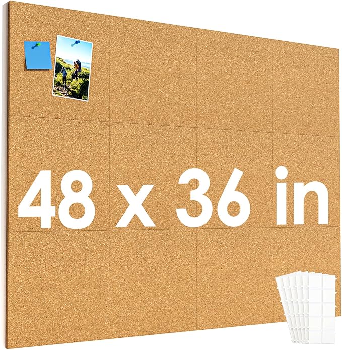 MaxGear Large Cork Board for Wall 48" x 36", 12 Pack Cork Board Tiles with 40 Pushpins & Safe Removable Adhesive Tabs, 12" x 12" Corkboards for Office, School & Home