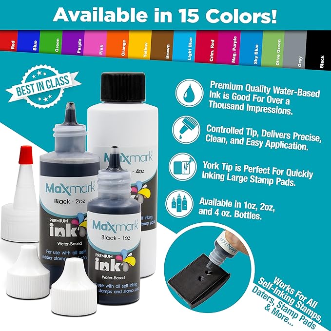 MaxMark Premium Refill Ink for self Inking Stamps and Stamp Pads, Magenta Purple Color - 2 oz.