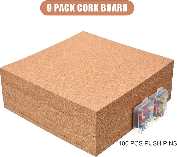 SUNGIFT Cork Board 12"x12" - 1/2" Thick Square Bulletin Boards 9 Pack Cork Tiles with 100 PCS Push Pins Mini Wall Self-Adhesive Corkboards Tiles for Wall