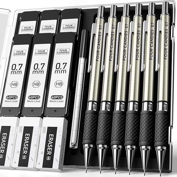 Four Candies Metal Mechanical Pencil Set - 6PCS 0.7mm Art Mechanical Pencils & 360PCS HB Lead Refills & 3PCS Erasers & 9PCS Eraser Refills, Drawing Mechanical Pencils for Writing, Sketching/With Case