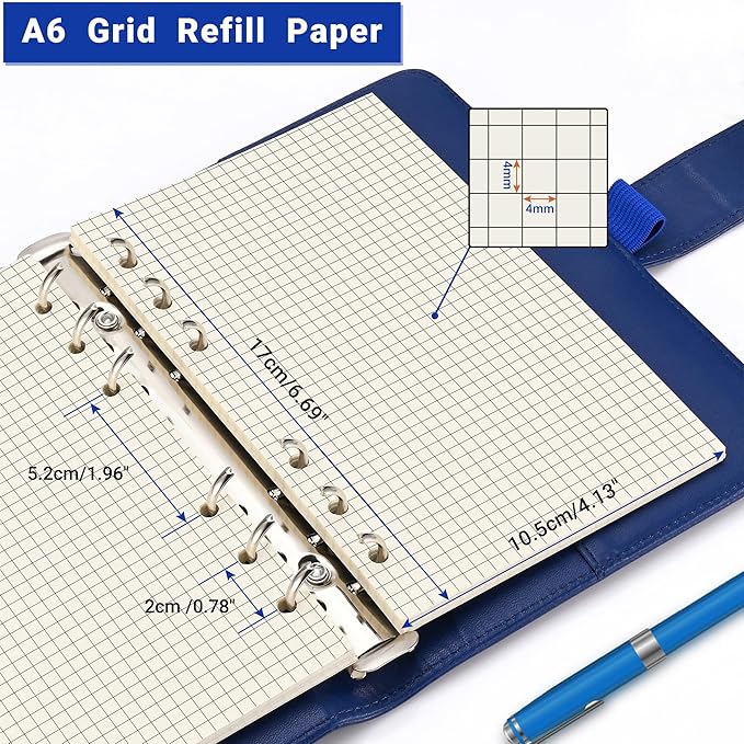 A6 Grid-Ruled Refill Paper, 100gsm Thick Beige No-Bleed Sheets (2 Packs, 80 Sheets Each), Pre-Punched – Fits A6 6-Ring Binders for Office, School & Teachers