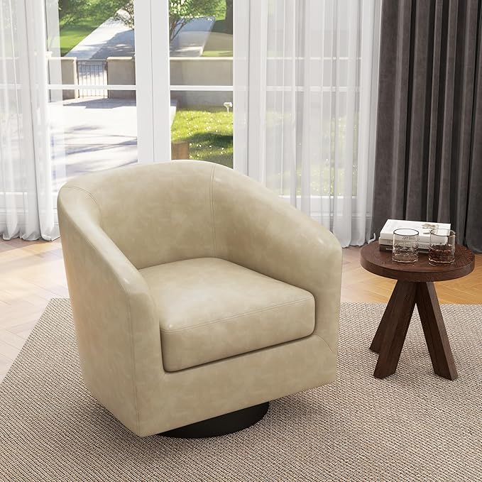 UIXE Faux Leather Swivel Accent Chair with Wood Base, Modern Upholstered Barrel Chairs for Living Room, Comfy Round Armchair Single Sofa Bedroom Reading Seat - 31" W, Cream