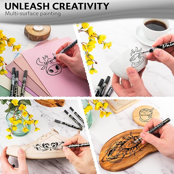 Stylo 4 Count Acrylic Metallic Pens - Black Paint Pens - Fine Tip Permanent Acrylic Metallic Paint Markers for Rock Painting, Glass, Wood, Ideal for Arts and Crafts (Pack of 4, Black)