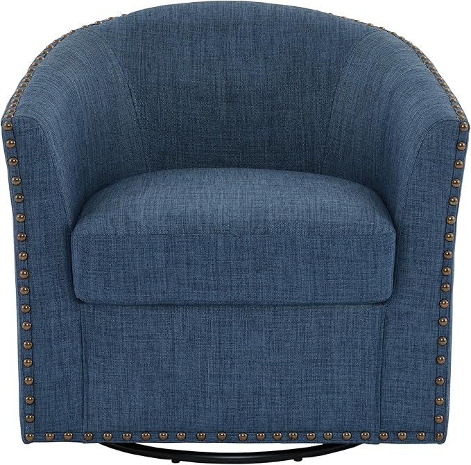 UIXE 360° Swivel Barrel Accent Chair, Modern Upholstered Arm Chair Round Club Armchair, Nailhead Trim Single Sofa Seating in Fabric for Living Room - Blue