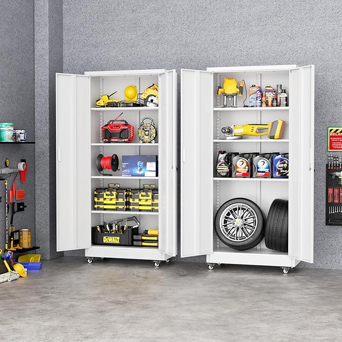Greenvelly 73" Metal Storage Cabinet with Wheel and Pegboard, Lockable White Metal Garage Cabinets with 2 Doors and 4 Adjustable Shelves, Rolling Steel Tool Cabinet for Garage, Home Office, School