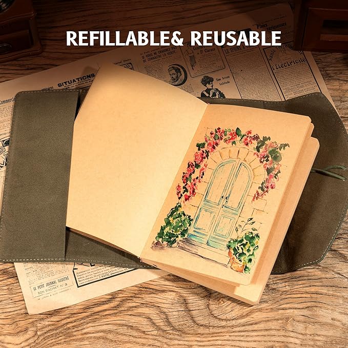 Vintage Leather Journal for Women Men, Junk Journal Notebook Soft Cover, Book of Shadows Journals for Travel Diary Scrapbook Sketchbook Journaling Writing, Green