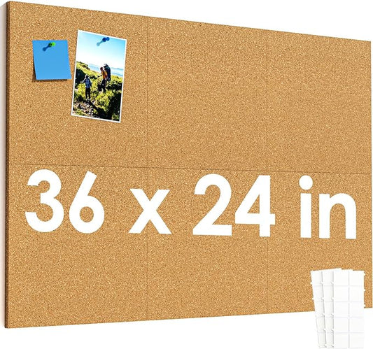 MaxGear Large Cork Board for Wall 36" x 24", 6 Pack Cork Board Tiles with 20 Pushpins & Safe Removable Adhesive Tabs, 12" x 12" Corkboards for Office, School & Home