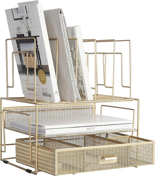 BLU MONACO Gold Desk Accessories and Workspace, Desktop Organizer - Cute File Organizer for Desk and Drawer Storage for Office Supplies, Paper, Device and Folders - File Holder
