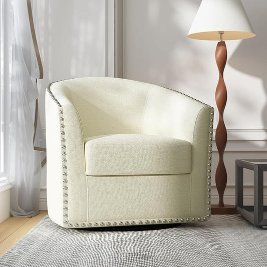 UIXE 360° Swivel Barrel Accent Chair, Modern Upholstered Arm Chair Round Club Armchair, Nailhead Trim Single Sofa Seating in Fabric for Living Room - White