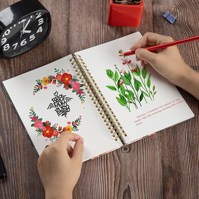Blank Spiral Notebook Bulk, A5 Flower Unlined Journals, 100GSM Thick Paper Travel Journal Set, Hard Cover, Plain Wirebound Draw Sketchbook Planner, 75 Sheets per Book, 5.7x8.3 inch, 3 Pack