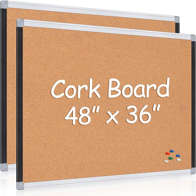 Board2by 2 Pack Cork Bulletin Board 36" x 48", Black/Sliver Aluminium Framed Corkboard, Office Board for Wall Decor, Large Wall Mounted Notice Pin Board with 36 Push Pins for School, Home & Office