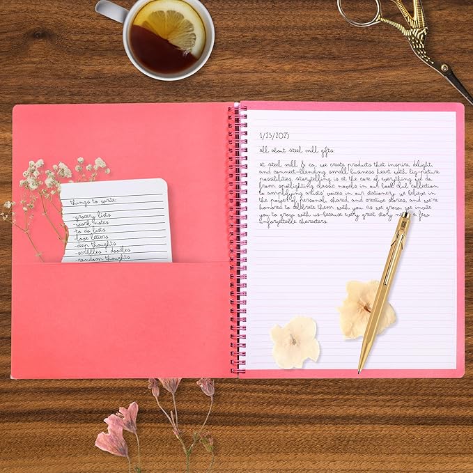 Steel Mill & Co Cute Large Spiral Notebook College Ruled, 11" x 9.5" with Durable Hardcover and 160 Lined Pages, Pink Poppy