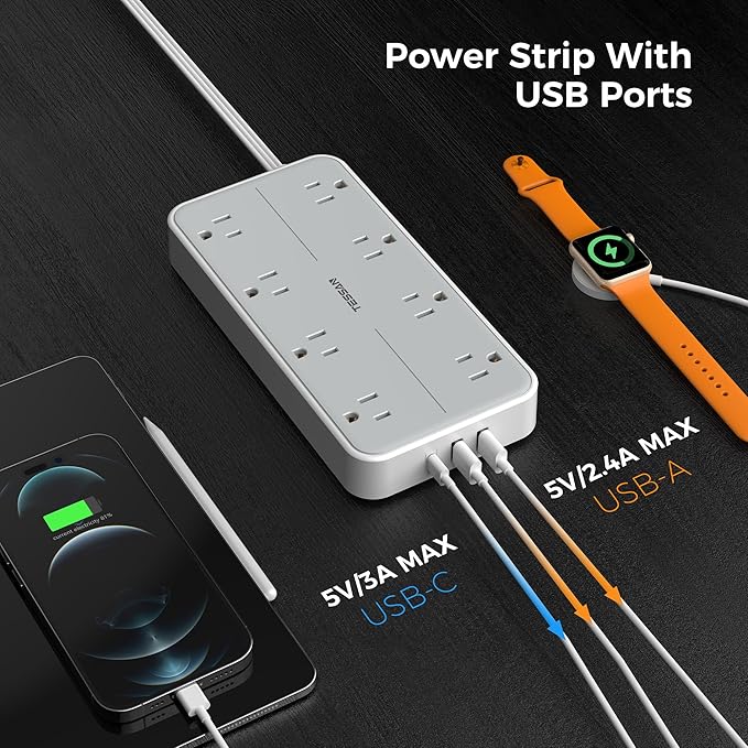 Flat Plug 15 FT Extension Cord, TESSAN Surge Protector Power Strip with 8 AC and 3 USB(1USB-C) Ports, 1080J Protection, Wall Mount Widely Spaced Charging Station for Home, Office, School, Dorm Room