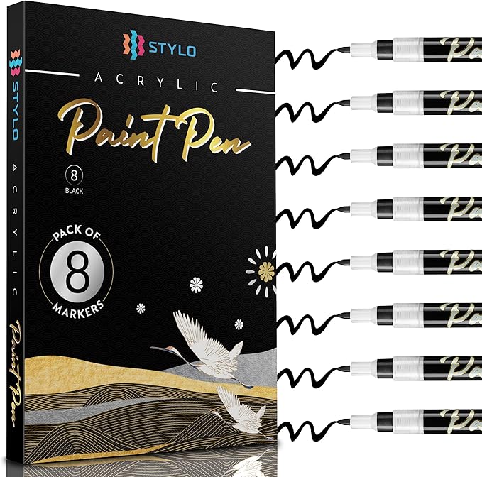 Stylo 8 Count Acrylic Metallic Pens - Black Paint Pens - Fine Tip Permanent Acrylic Metallic Paint Markers for Rock Painting, Glass, Wood, Ideal for Arts and Crafts (Pack of 8, Black)