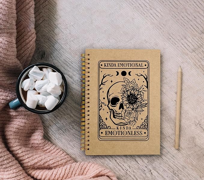 Floral Skull Notebook, Goth Gothic Notebook Journal, Witchy Journal, Goth Office Supplies, Spiral Notebook 5.5x8.3, Kinda Emotion Kinds Emotionless Kraft Paper