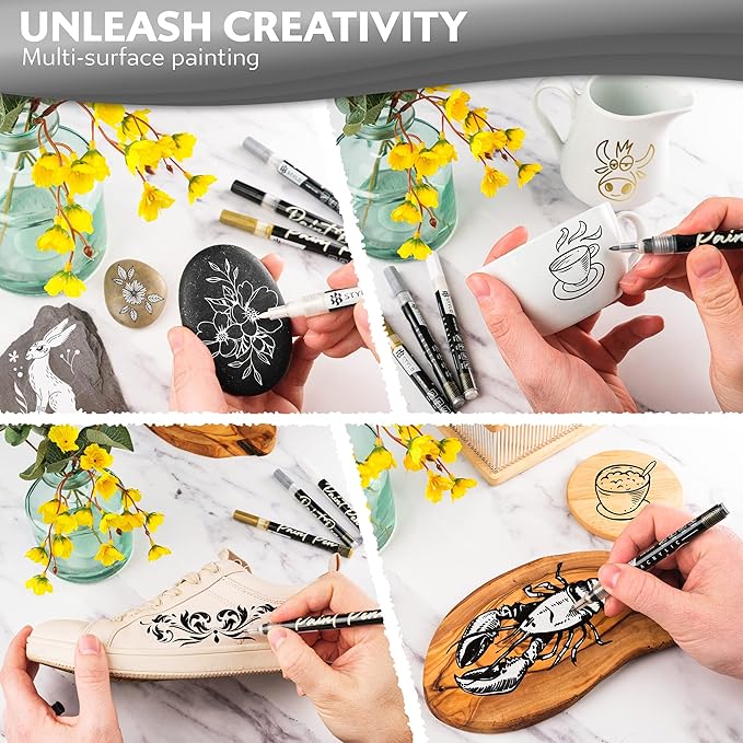Stylo 4 Count Acrylic Metallic Pens - Black, Gold, Silver And White Paint Pens - Fine Tip Permanent Acrylic Metallic Paint Markers for Rock Painting, Glass, Wood, Ideal for Arts and Crafts