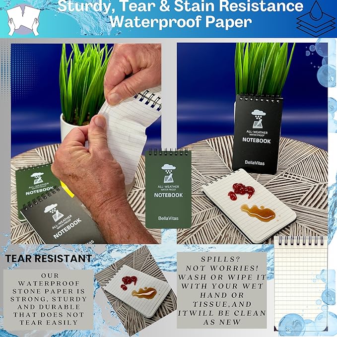 Waterproof 3x5 Notebook Pocket Notebook Small Spiral Notebooks Pocket Notepad Small Notepad 3x5 Pocket Notepad Police Notepad Tactical Notebook and All-Weather pen 4 Pack Green