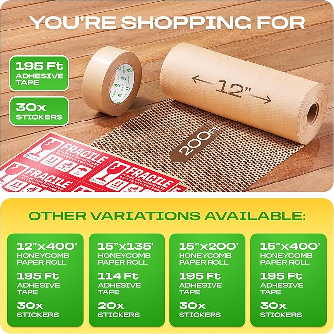 Honeycomb Packing Paper | Extra Thick 90 GSM Packing Wrap | Biodegradable Packing Materials: 12” x 200’ Moving Paper + 195’ Cellulose Adhesive Tape + 30 Fragile Stickers | Paper Bubble Wrap
