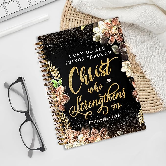 Bible Notebook, A5 Spiral Christian Journal with Floral Notebook, Bible Verse-I Can Do All Things Through Christ Who Strengthens Me, Inspirational Notebooks for Women, Gift for Birthday Christmas
