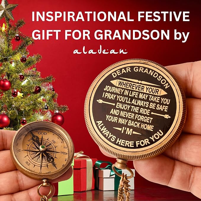 Gift for Grandson Brass Compass Engraved Quote | Memory Present to My Grandson Birthday, Baptism, Graduation, Confirmation, Love, Gift idea by Grandpa Grandma