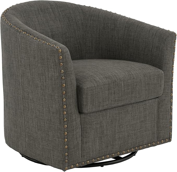 UIXE 360° Swivel Barrel Accent Chair, Modern Upholstered Arm Chair Round Club Armchair, Nailhead Trim Single Sofa Seating in Fabric for Living Room - Gray
