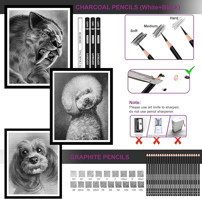 HIFORNY 58 PCS Drawing Kit Sketching Pencil Set,Sketch Pencils Art Supplies with 3-Color Sketchbook,Graphite,Charcoal,Blending Tools,Drawing Pencils for Adults Artists