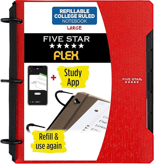 Five Star Flex Refillable Notebook + Study App, College Ruled Paper and 1 Inch TechLock Ring Binder with Pockets, Tabs and Dividers, 200 Sheet Capacity, Fire Red (29328AB2)