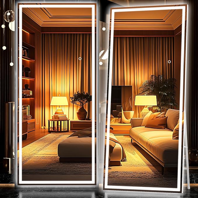 Hasipu Full Length Mirror with Lights, 79" x 36" LED Lighted Floor Standing Mirror, Full Body Dressing Hanging Mounted Mirrors, Dimmable, Tempered Glass, Safe to Use, Square White