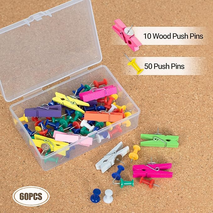 AKTOP Cork Board Bulletin Board 17"x8", 1/2" Thick Cork Board Tiles 6 Pack, Small Pin Board for Wall Decor, Self Adhesive Corkboards with 60 Push Pin Wood Clips for School, Home & Office