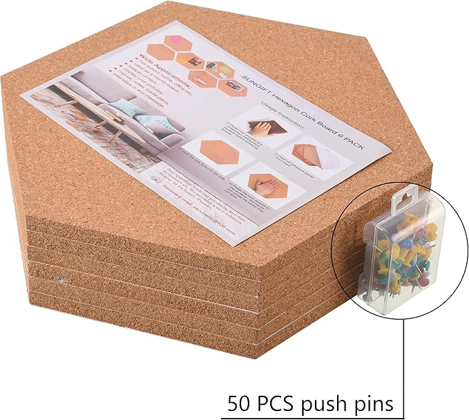 SUNGIFT Hexagon Cork Board Tiles Self Adhesive 6 Pack - 1/2" Thick Corkboards for Wall 12" x 10.2" Memo Boards Pin Board Decorative Bulletin Board for Office Home Kitchen - 50 Multi-Color Push Pins