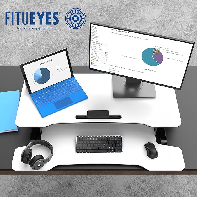 FITUEYES Height Adjustable Standing Desk 36” Wide Sit to Stand Converter Stand Up Desk Tabletop Workstation for Dual Monitor Riser FSD309103WW