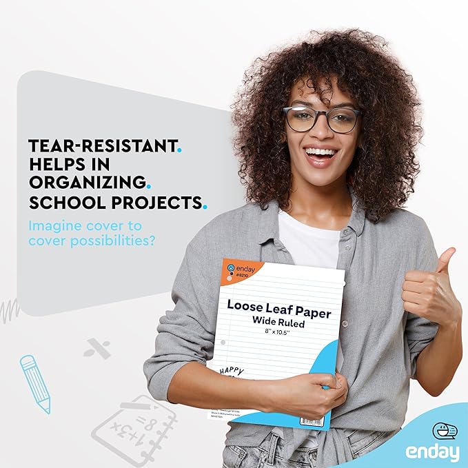 Loose Leaf Paper Wide Ruled Notebook Paper, 8" x 10.5" Filler Paper White, 3 Hole Punched Binder Paper for 3 Ring Binders, Lined Paper 150 Sheets Per Pack (4 Pack) - By Enday