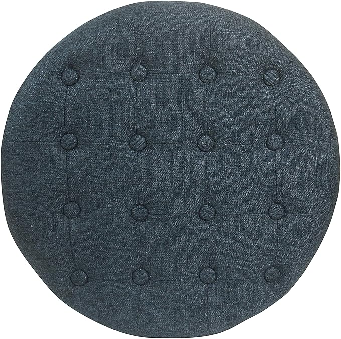HomePop by Kinfine Fabric Upholstered Round Storage Ottoman - Velvet Button Tufted Ottoman with Removable Lid, Indigo Blue Woven