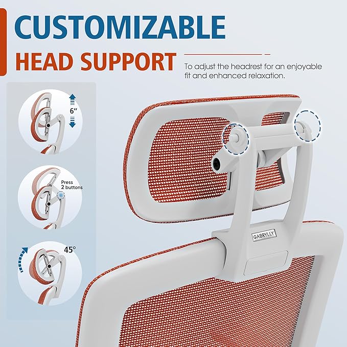 GABRYLLY Ergonomic Office Chair, High Back Home Desk Chair with Headrest, Flip-Up Arms, 90-120° Tilt Lock and Wide Cushion, 400LBS Mesh Chairs for Man Woman, White Task Chair(Orange,GY01WOR)