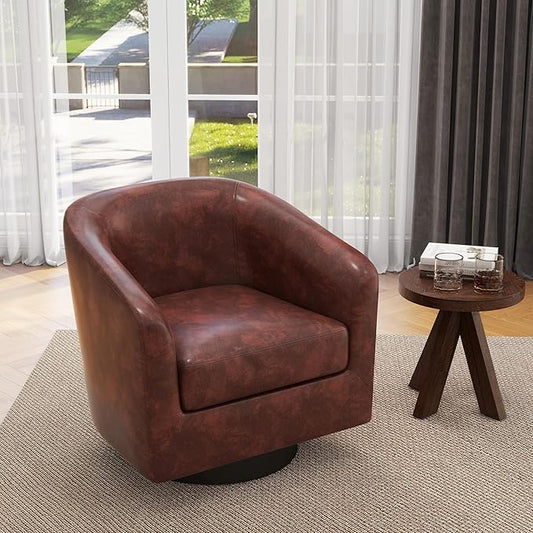UIXE Faux Leather Swivel Accent Chair with Wood Base, Modern Upholstered Barrel Chairs for Living Room, Comfy Round Armchair Single Sofa Bedroom Reading Seat - 31" W, Red Brown
